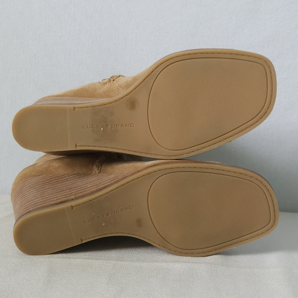 Lucky Brand‎ LK Lureli Suede Peep Toe Wedge Booties Womens 9M Tan Leather Ankle - Picture 11 of 12